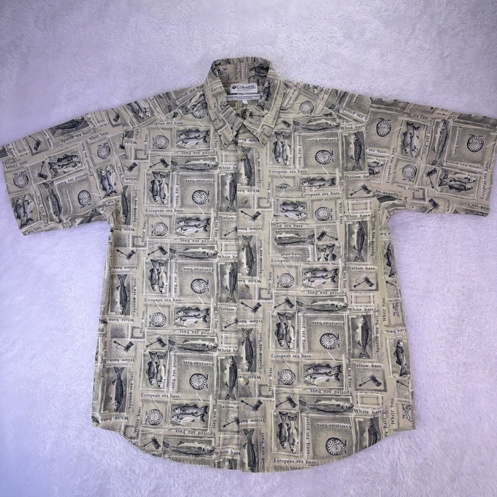Columbia All-Over Print Fish Outdoor Short Sleeve Button-Up Shirt‎ Mens Large